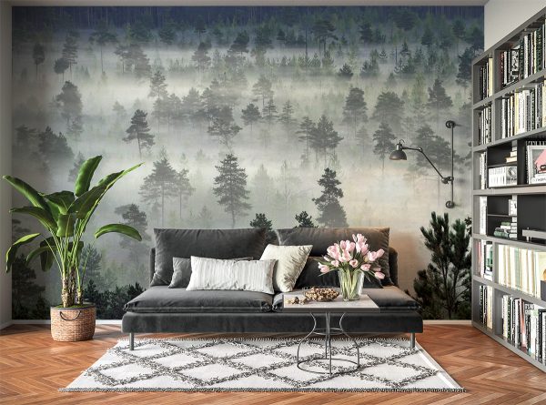 Foggy Forrest View Landscape Wall Mural Photo Wallpaper UV Print Decal Art Décor