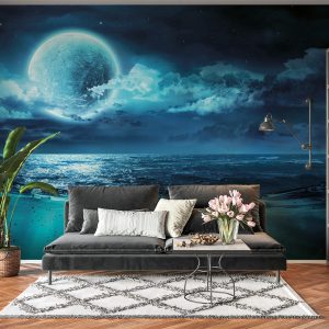 Blue Full Moon & Beach Wall Mural Photo Wallpaper UV Print Decal Art Décor