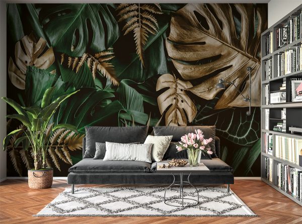 Golden Leaves of Monstera Wall Mural Photo Wallpaper UV Print Decal Décor