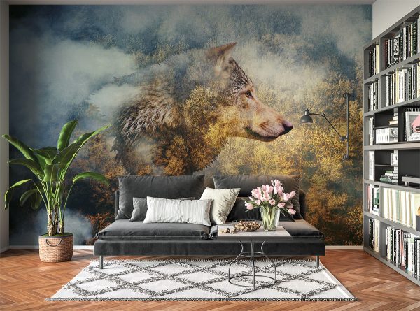 Wolf on Forest Theme Wall Mural Photo Wallpaper UV Print Decal Art Décor