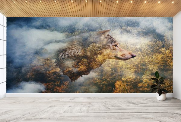 Wolf on Forest Theme Wall Mural Photo Wallpaper UV Print Decal Art Décor