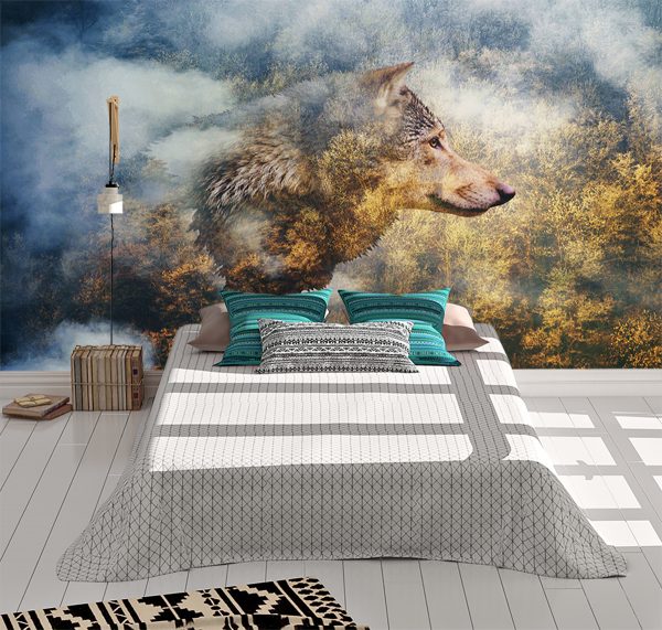 Wolf on Forest Theme Wall Mural Photo Wallpaper UV Print Decal Art Décor