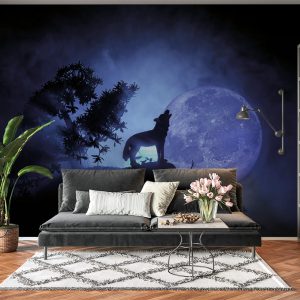 Wolf on Night Moon Theme Wall Mural Photo Wallpaper UV Print Decal Art Décor