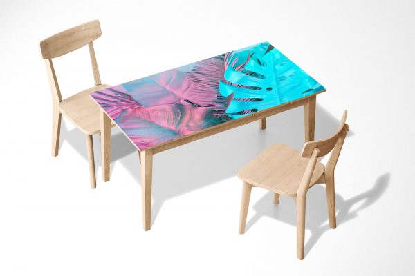 Pink and Blue Monstera Laminated Self Adhesive Vinyl Table Desk Art Décor Cover