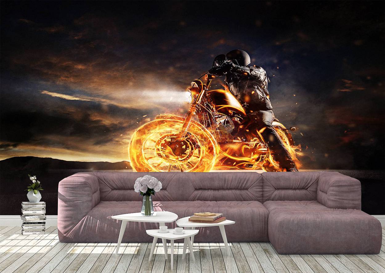 Burning Wheels Harley Wall Mural Wallpaper Art Blue Side Studio