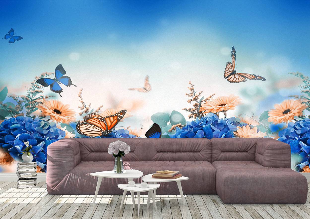 Meadow With Butterfly Theme Wall Mural Wallpaper Art - Blue Side Studio