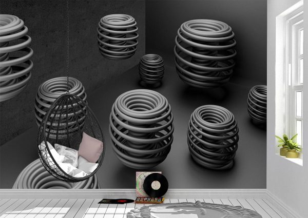 3D Art Black Grey Rings Wall Mural Photo Wallpaper UV Print Decal Art Décor