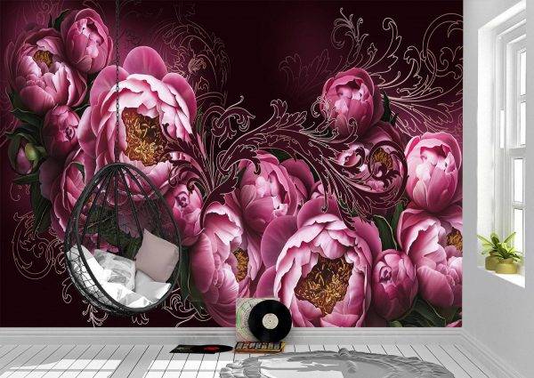 Flowers painted on a dark wall Wall Mural Photo Wallpaper UV Print Decal Art Décor