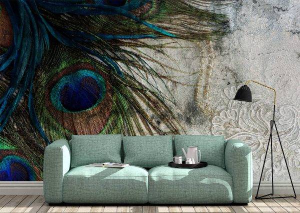 Peacock Feathers on Concrete Wall Mural Photo Wallpaper UV Print Decal Art Décor