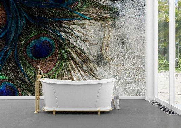 Peacock Feathers on Concrete Wall Mural Photo Wallpaper UV Print Decal Art Décor