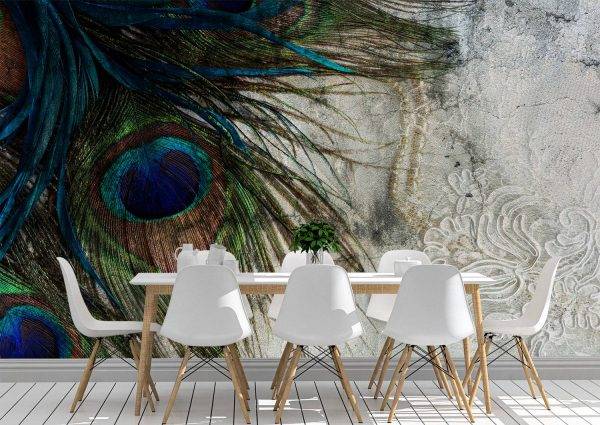 Peacock Feathers on Concrete Wall Mural Photo Wallpaper UV Print Decal Art Décor