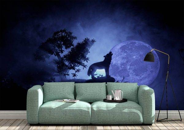 The Wolf Howling to the Moon Wall Mural Photo Wallpaper UV Print Decal Art Décor