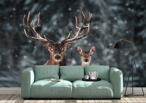 Pair of Deer Winter Season Wall Mural Photo Wallpaper UV Print Decal Art Décor