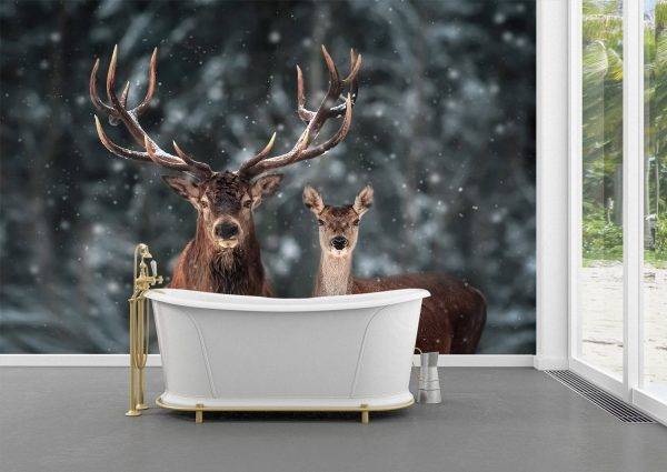 Pair of Deer Winter Season Wall Mural Photo Wallpaper UV Print Decal Art Décor