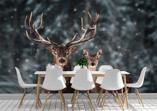 Pair of Deer Winter Season Wall Mural Photo Wallpaper UV Print Decal Art Décor