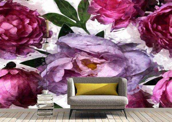 Art Pink and Lilac Peonies Wall Mural Photo Wallpaper