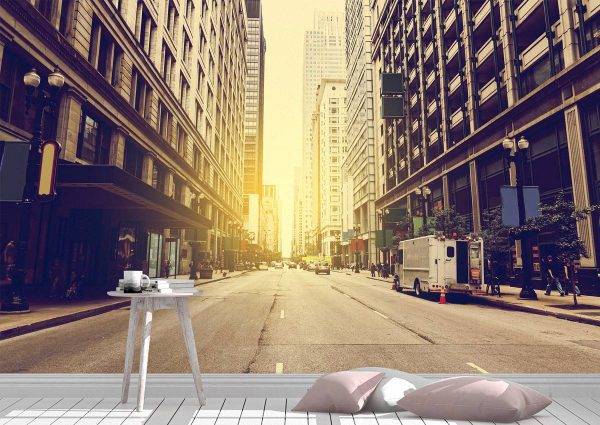 City Street Sunrise Wall Mural Photo Wallpaper UV Print Decal Art Décor