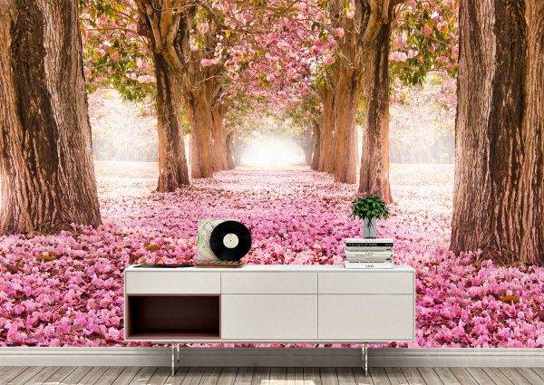 Tunnel of Pink Flower Trees Wall Mural Photo Wallpaper UV Print Decal Art Décor