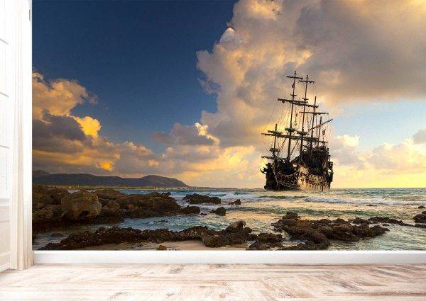 Vintage Ship on Sea Sunset Wall Mural Photo Wallpaper UV Print Decal Art Décor