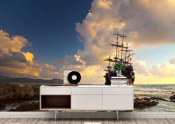 Vintage Ship on Sea Sunset Wall Mural Photo Wallpaper UV Print Decal Art Décor