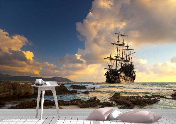 Vintage Ship on Sea Sunset Wall Mural Photo Wallpaper UV Print Decal Art Décor