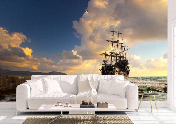 Vintage Ship on Sea Sunset Wall Mural Photo Wallpaper UV Print Decal Art Décor