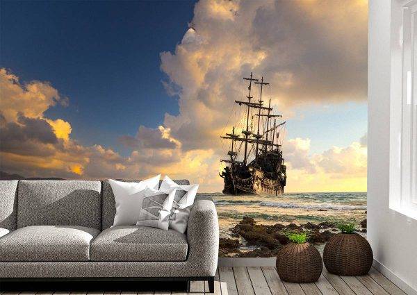 Vintage Ship on Sea Sunset Wall Mural Photo Wallpaper UV Print Decal Art Décor