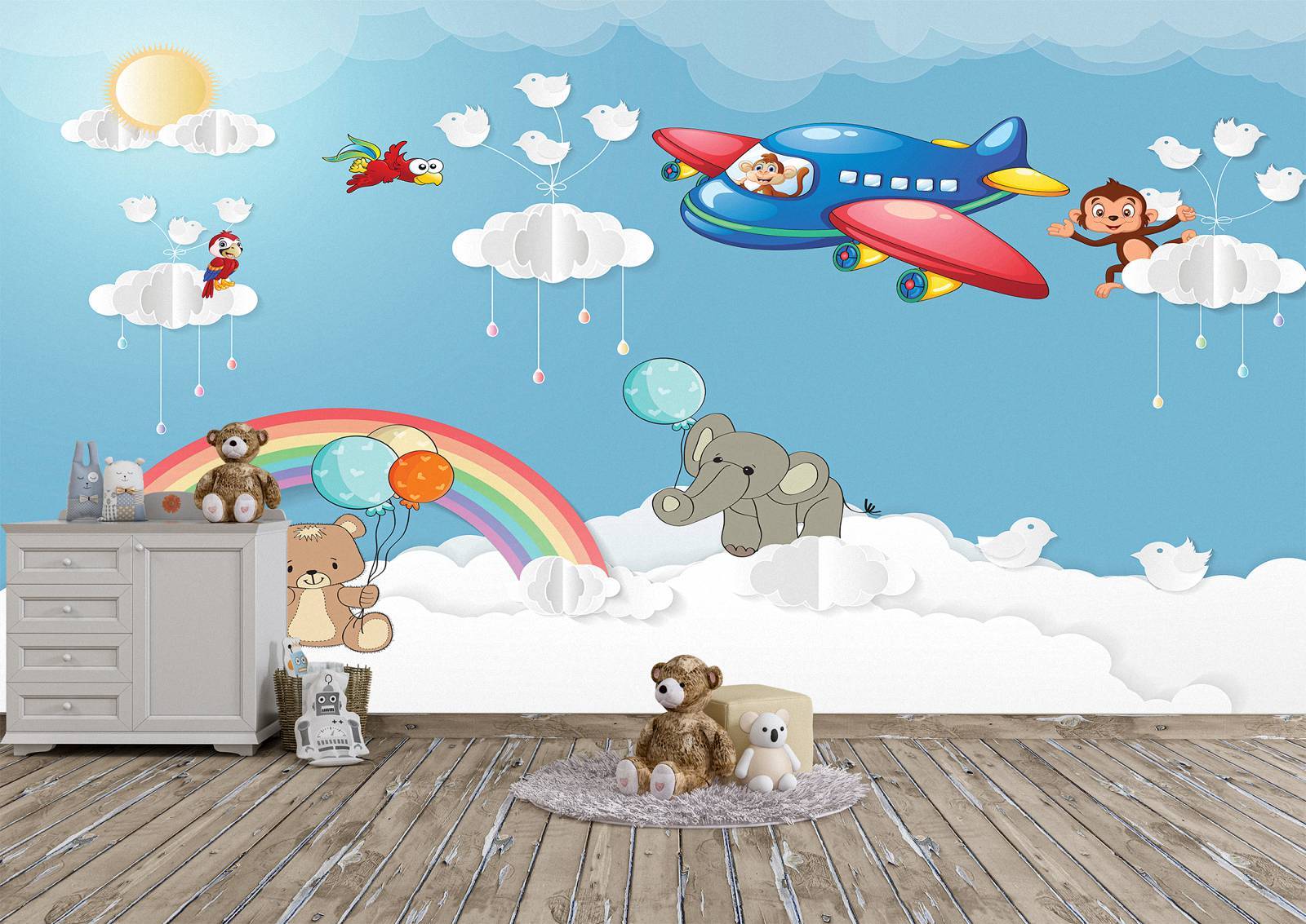 Airplane with Animals Kids Wall Mural Photo Wallpaper UV Print Decal Art Décor