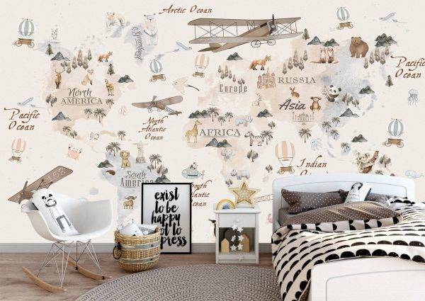 Animals World Map for Kids Wall Mural Photo Wallpaper UV Print Decal Art Décor