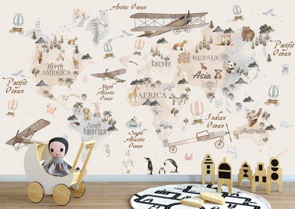 Animals World Map for Kids Wall Mural Photo Wallpaper UV Print Decal Art Décor