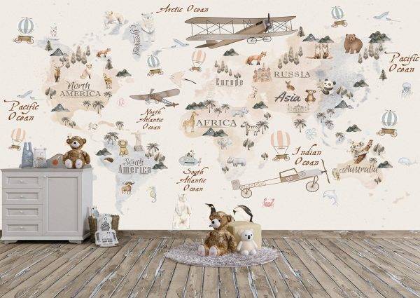 Animals World Map for Kids Wall Mural Photo Wallpaper UV Print Decal Art Décor