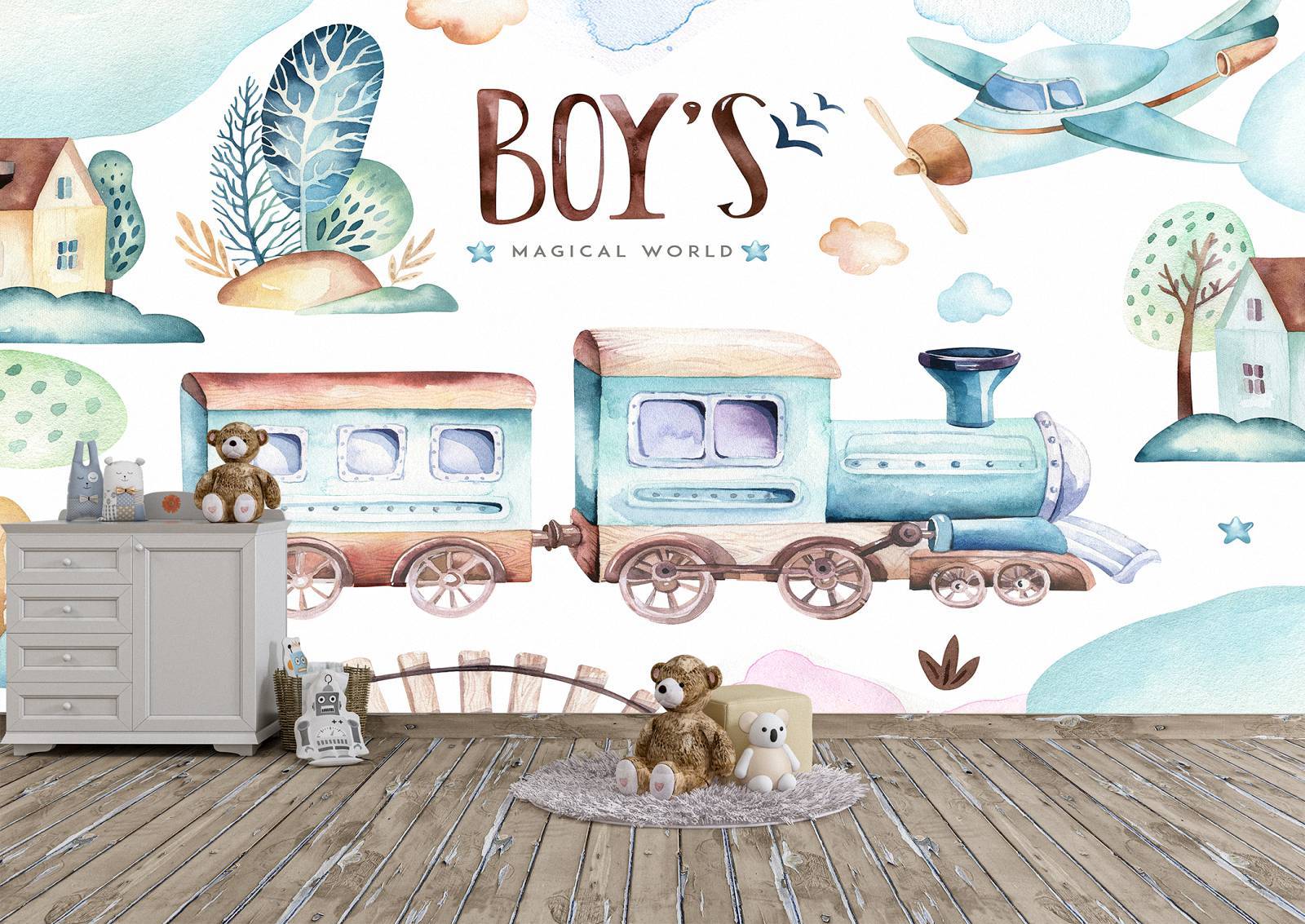 Baby Boys World Locomotive Wall Mural Photo Wallpaper UV Print Decal Art Décor