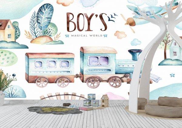 Baby Boys World Locomotive Wall Mural Photo Wallpaper UV Print Decal Art Décor