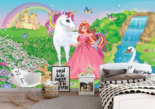 Princess with Unicorn & Swan Wall Mural Photo Wallpaper UV Print Decal Art Décor