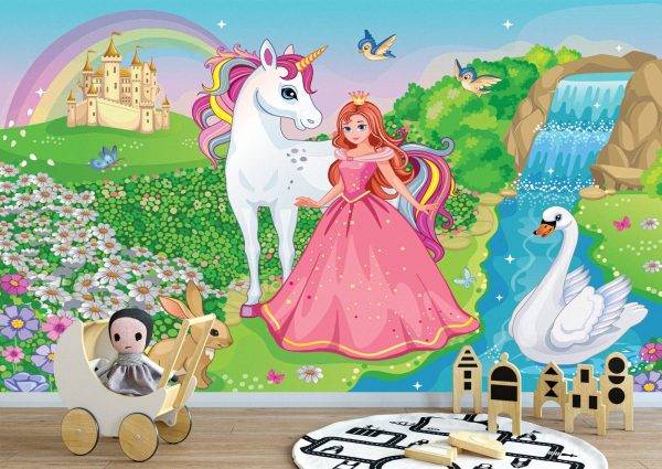 Princess with Unicorn & Swan Wall Mural Photo Wallpaper UV Print Decal Art Décor