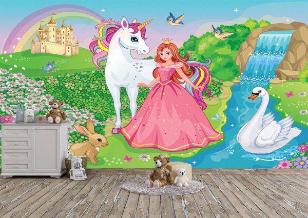 Princess with Unicorn & Swan Wall Mural Photo Wallpaper UV Print Decal Art Décor