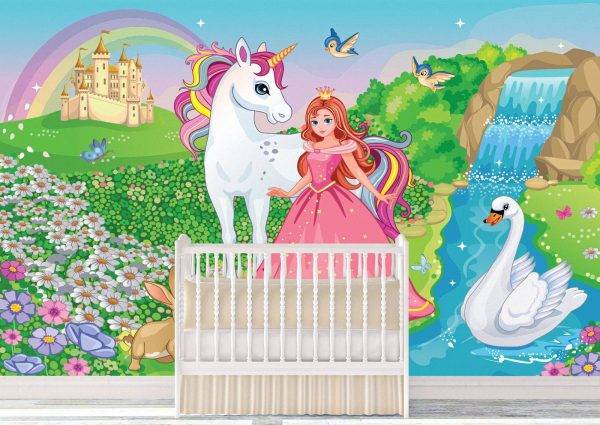 Princess with Unicorn & Swan Wall Mural Photo Wallpaper UV Print Decal Art Décor