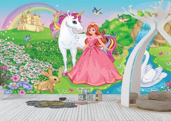 Princess with Unicorn & Swan Wall Mural Photo Wallpaper UV Print Decal Art Décor