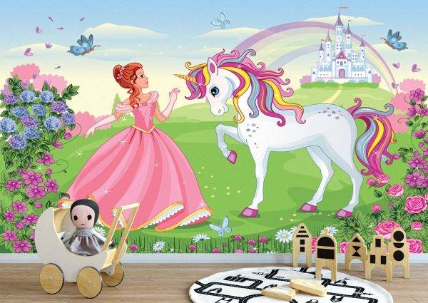 Princess with White Unicorn Wall Mural Photo Wallpaper UV Print Decal Art Décor