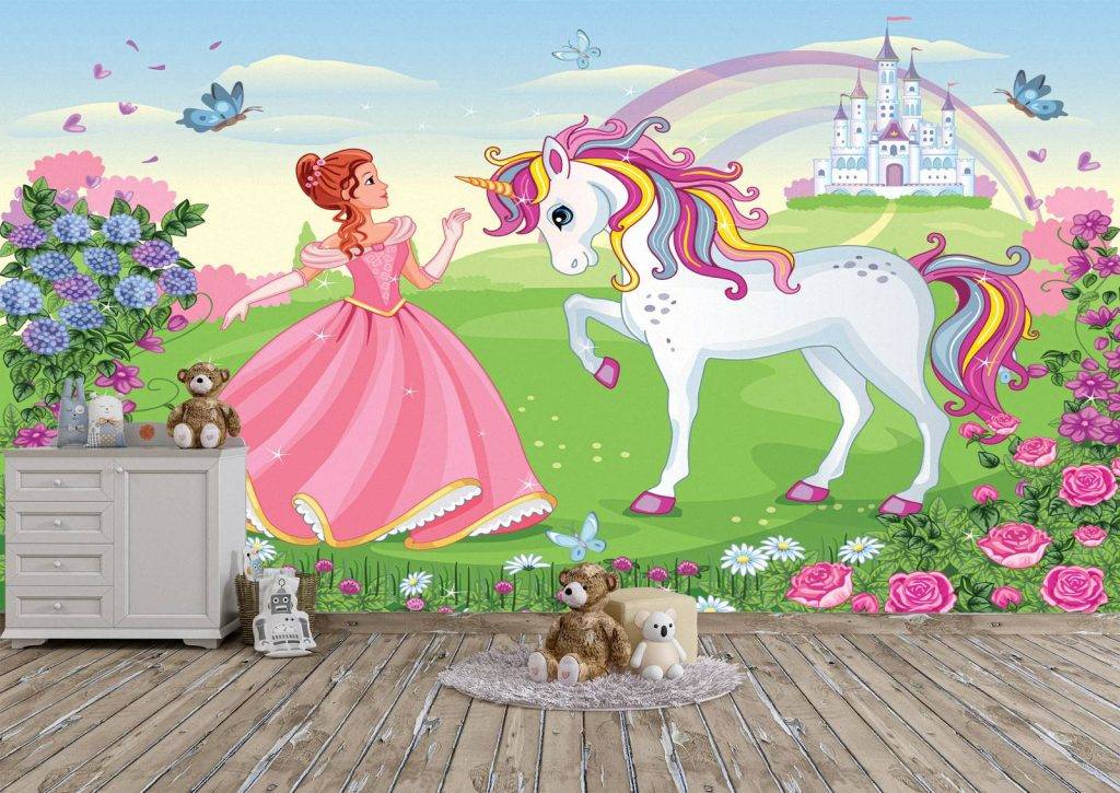 Princess with White Unicorn Wall Mural Photo Wallpaper- Blue Side Studio