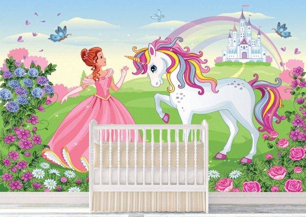 Princess with White Unicorn Wall Mural Photo Wallpaper UV Print Decal Art Décor