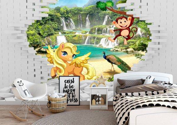 Animals Coming Out the Wall Mural Photo Wallpaper UV Print Decal Art Décor