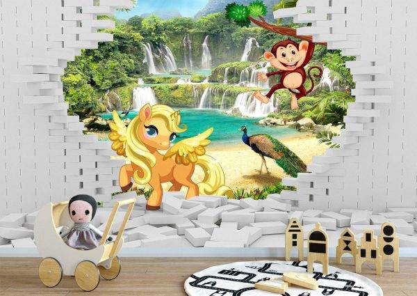 Animals Coming Out the Wall Mural Photo Wallpaper UV Print Decal Art Décor