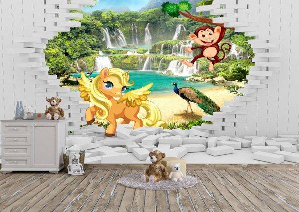 Animals Coming Out the Wall Mural Photo Wallpaper UV Print Decal Art Décor