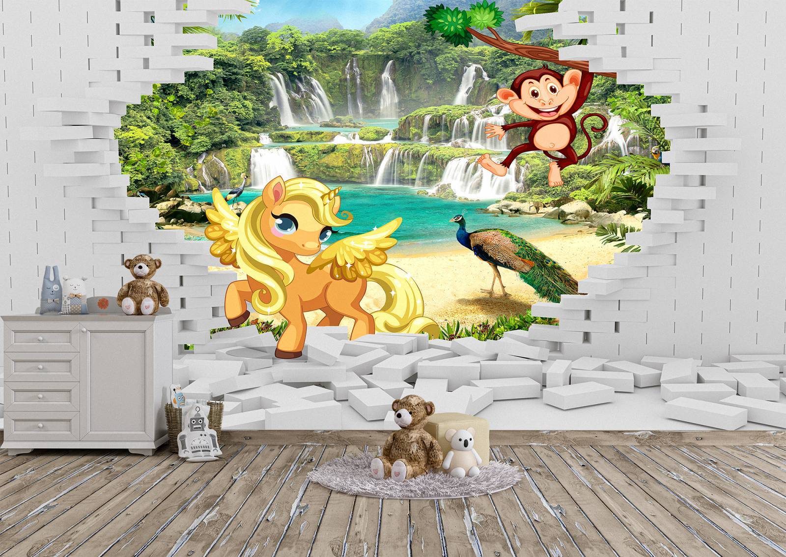 Animals Coming Out the Wall Mural Photo Wallpaper UV Print Decal Art Décor