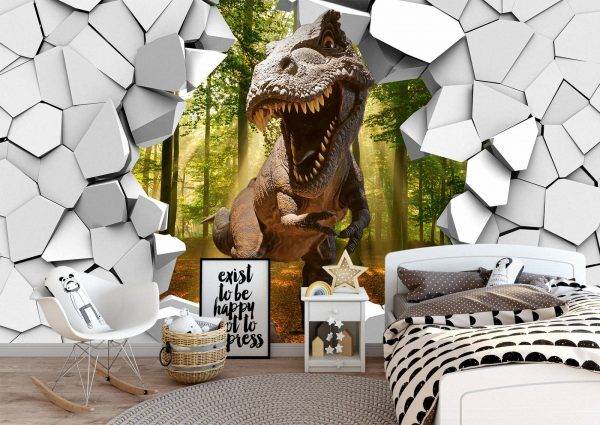 Dinosaur Through a Broken Wall Wall Mural Photo Wallpaper UV Print Decal Art Décor