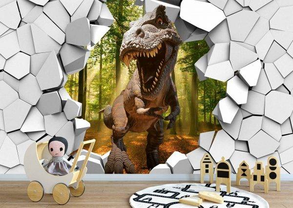 Dinosaur Through a Broken Wall Wall Mural Photo Wallpaper UV Print Decal Art Décor