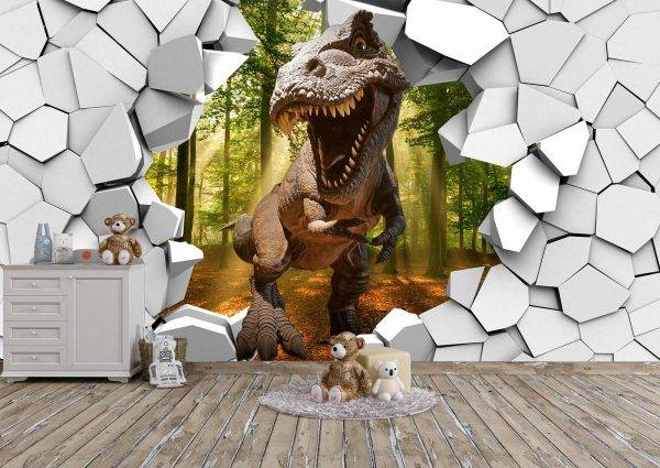 Dinosaur Through a Broken Wall Wall Mural Photo Wallpaper UV Print Decal Art Décor