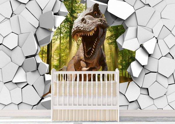 Dinosaur Through a Broken Wall Wall Mural Photo Wallpaper UV Print Decal Art Décor