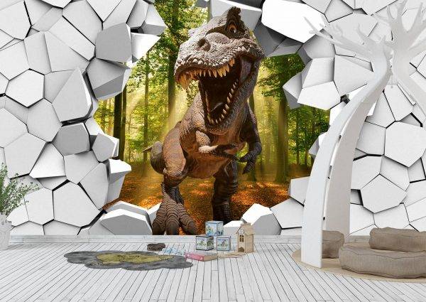 Dinosaur Through a Broken Wall Wall Mural Photo Wallpaper UV Print Decal Art Décor